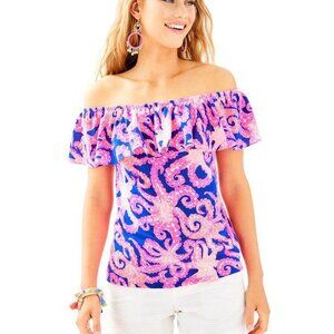 Lilly Pulitzer La Fortuna Off Shoulder Ruffle Top Pink Blue Coral Reef Print XS